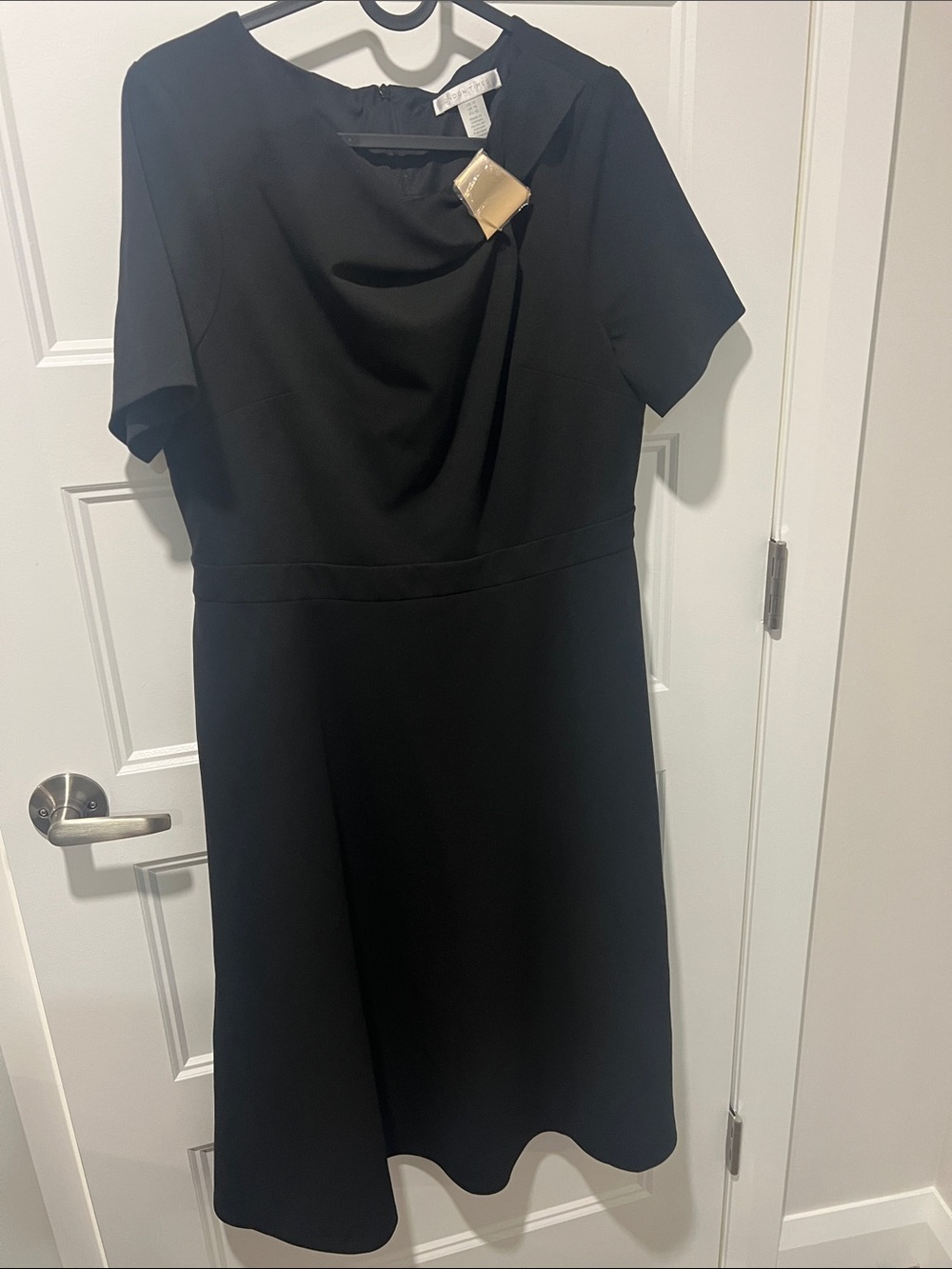 London Times Black Midi A-Line Dress with Gold Accent